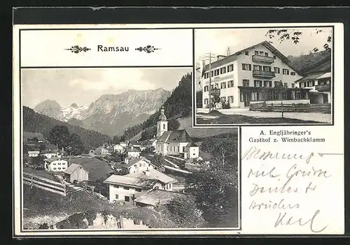 AK Ramsau, Gasthof zur Wimbachklamm, Ortspartie mit Kirche