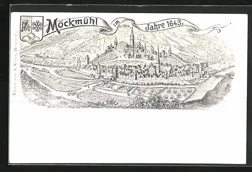 Lithographie Möckmühl, Die Stadt im Jahre 1643