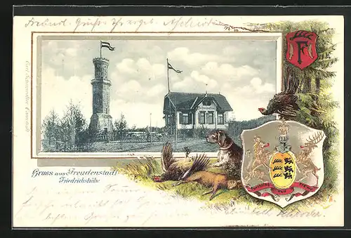 Passepartout-Lithographie Freudenstadt, Restaurant Friedrichshöhe, Jagdhund mit Beute