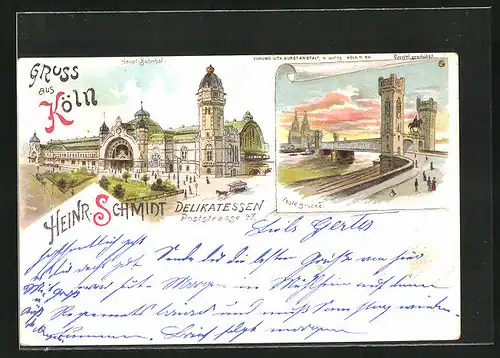Lithographie Köln, Haupt-Bahnhof, Feste Brücke, Delikatessen Heinr. Schmidt, Poststrasse 47