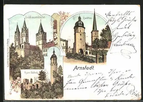 Lithographie Arnstadt, Riedthor, Liebfrauenkirche, Ruine Neideck