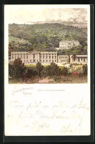 Lithographie Bilin-Sauerbrunn / Bilina, Neues Versendungshaus