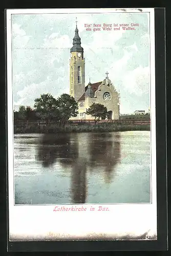 AK Dux / Duchcov, Lutherkirche mit Uferpartie