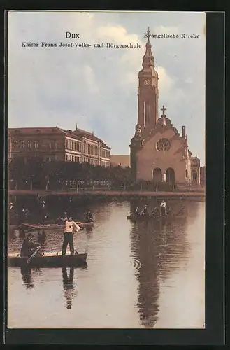 AK Dux / Duchcov, Kaiser-Franz-Josef-Volks- u. Bürgerschule, Evang. Kirche