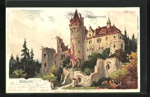 Lithographie Teplitz Schönau / Teplice, Schlossberg mit Ruinen