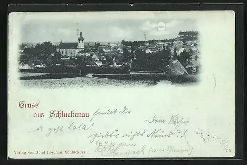 Mondschein-AK Schluckenau / Sluknov, Panorama mit Kirche