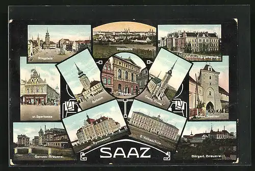 AK Saaz, Genoss.-Brauerei, Evangelische Kirche, Gymnasium