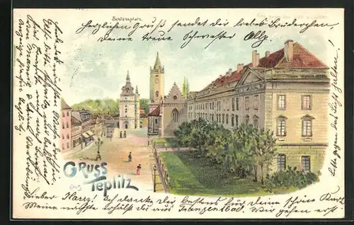 Lithographie Teplitz Schönau / Teplice, Schlossplatz mit Türmen