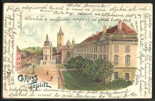 Lithographie Teplitz Schönau / Teplice, Schlossplatz mit Strasse
