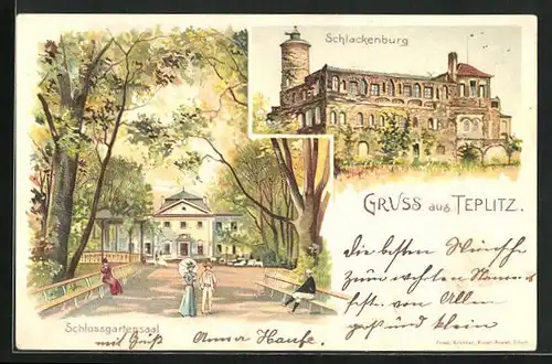 Lithographie Teplitz Schönau / Teplice, Schlackenburg, Schlossgartensaal