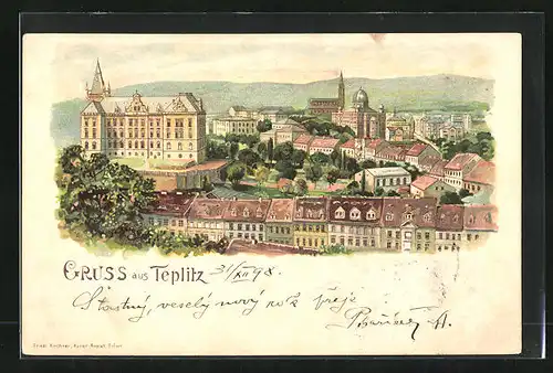 Lithographie Teplitz Schönau / Teplice, Totalansicht mit Kirche