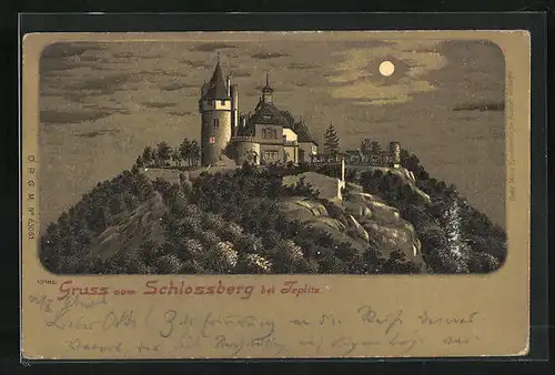 Mondschein-Lithographie Teplitz Schönau / Teplice, Schlossberg bei Nacht