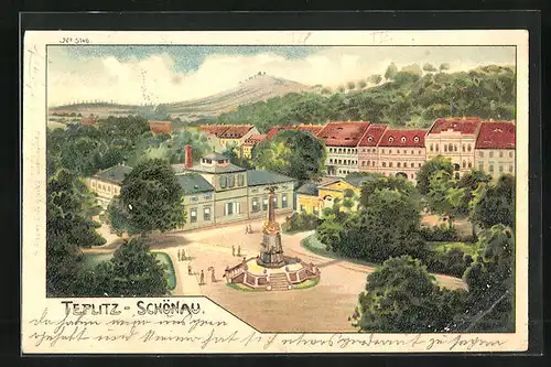 Lithographie Teplitz Schönau / Teplice, Ortspartie mit Denkmal