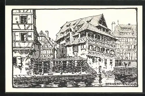 Künstler-AK Strasbourg, Häuser am Fluss