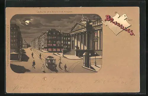 Lithographie Brüssel / Bruxelles, La Bourse et le Boulevard Anspach
