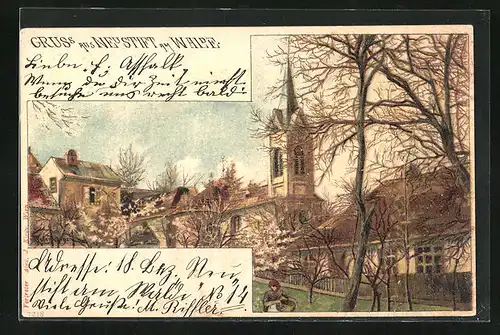 Künstler-AK Wien-Neustift am Walde, Ortspartie mit Kirche