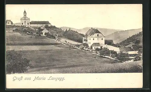 AK Maria Langegg, Teilansicht des Ortes mit Bergen in der Ferne
