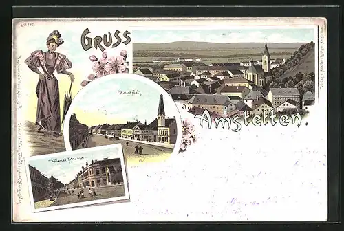 Lithographie Amstetten, Wiener Strasse, Hauptplatz, Ortsansicht