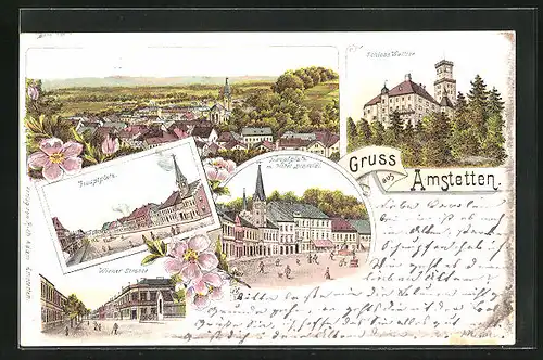 Lithographie Amstetten, Hotel Schmidl, Schloss Wallsee, Hauptplatz, Wiener Strasse