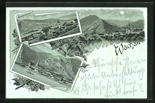 Mondschein-Lithographie Rossatz /Wachau, Ortsansicht mit Dürnstein