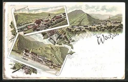 Lithographie Rossatz /Wachau, Ortsansicht, Dürnstein, Spitz