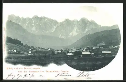 AK Gosau, Blick auf die Donnerkogeln von der Terrasse des Brandwirts