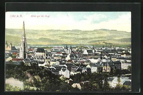 AK Linz a. D., Blick von der Gugl auf den Ort mit Kirche