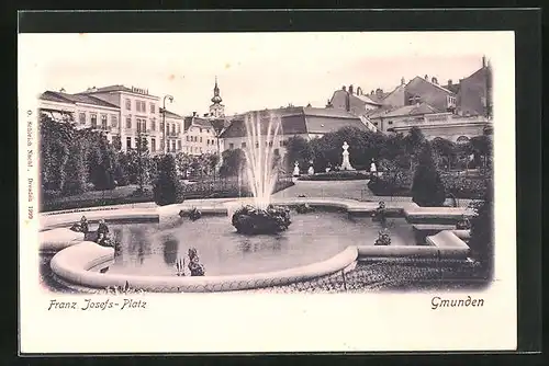 AK Gmunden, Franz Josefs-Platz mit Hotel und Fontäne