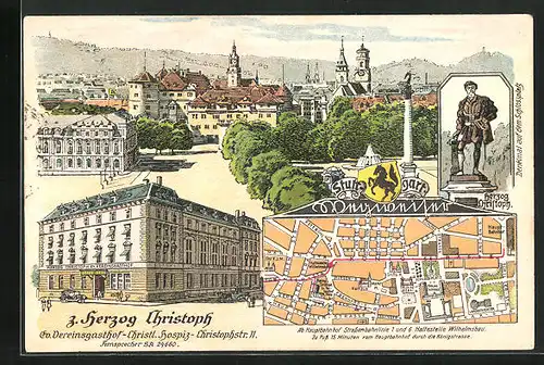 Lithographie Stuttgart, Gasthof Herzog Christoph ev. Verein, Christophstrasse 11, Karte mit Anfahrtsweg