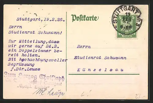 Lithographie Stuttgart, Gasthof Herzog Christoph ev. Verein, Christophstrasse 11, Karte mit Anfahrtsweg