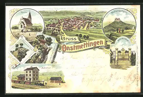 Lithographie Onstmettingen, Bahnhof, Hahndenkmal, Hängender Stein