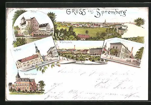 Lithographie Spremberg, Kaiserliches Postamt, Königliche Webschule, Wilhelmsplatz