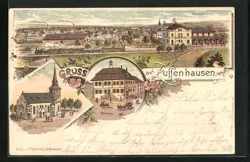 Lithographie Zuffenhausen, Bahnhof, Renov. Kirche, Rathaus