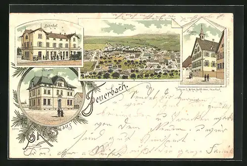 Lithographie Feuerbach, Postamt, Bahnhof, Rathaus