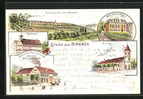 Lithographie Birkach, Kleinkinder-Schule, Gemischtwarenladen G.F. Lederer, Rathaus, Totalansicht