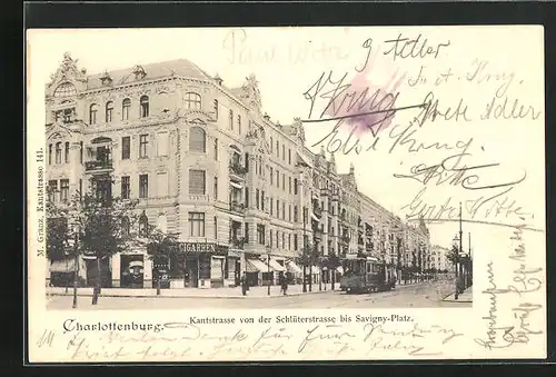 AK Berlin-Charlottenburg, Kantstrasse von der Schlüterstrasse bis Savigny-Platz, Strassenbahn