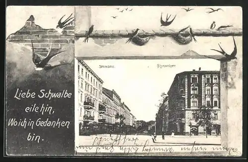 Lithographie Spandau, Bismarkstrasse, Schwalben