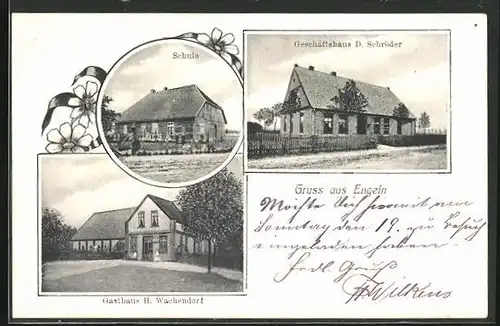 AK Engeln, Gasthaus H. Wachendorf, Schule, Geschäftshaus D. Schröder