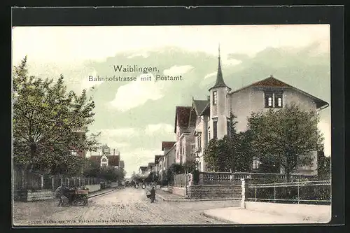 AK Waiblingen, Bahnhofstrasse mit Postamt