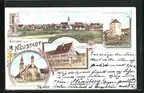 Lithographie Neustadt, Gasthaus zur Post, Kirche, Burgturm