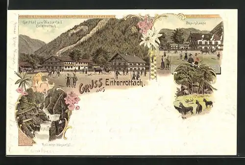 Lithographie Enterrottach, Gasthof zum Wasserfall, Dependance, Wasserfall