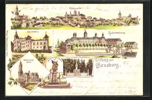 Lithographie Bensberg, Kadettenhaus, Kreis-Krieger-Denkmal, Altes Schloss