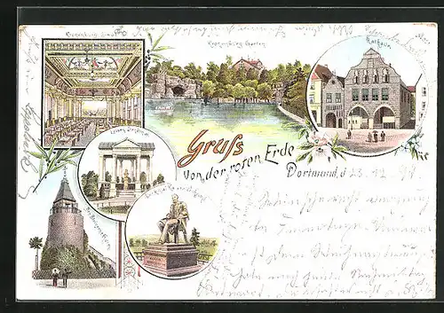 Lithographie Dortmund, Kronenburg-Garten, Luisen-Denkmal, Der Steinerne Thurm