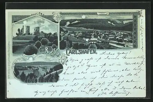 Mondschein-Lithographie Carlshafen, Krukenburg, Weserthal, Totalansicht