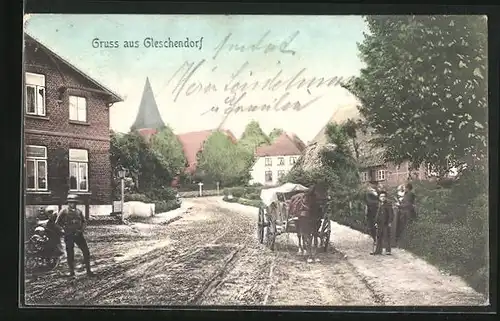 AK Gleschendorf, Pferdekutsche auf der Hauptstrasse