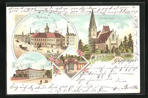 Lithographie Göppingen, Rathaus, Sauerbrunnen, Oberhofen-Kirche