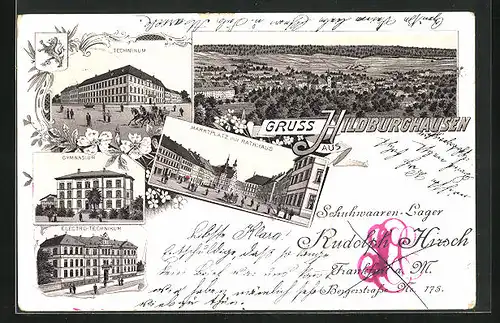 Lithographie Hildburghausen, Technikum, Gymnasium, Marktplatz mit Rathaus