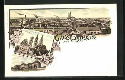 Lithographie Oschatz, Kaserne, Kirche und Rathaus, Totalansicht