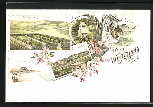 Lithographie Westerland /Sylt, Friedhof der Heimatlosen, Denkstein, Das Dorf