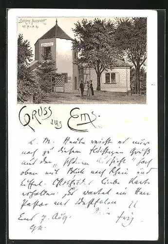 Vorläufer-Lithographie Ems, 1894, Restaurant Schöne Aussicht
